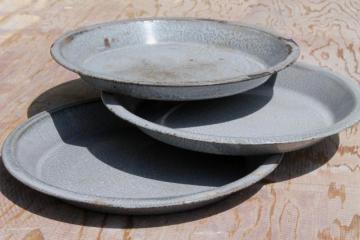 catalog photo of antique grey graniteware enamel pie pans or camp plates, vintage enamelware