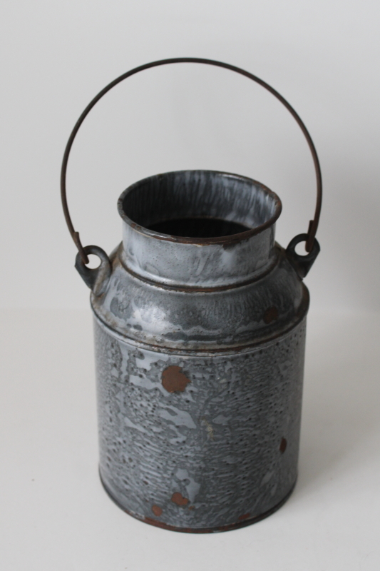 photo of antique grey graniteware enamel ware, small milk pail or cream can w/ wire handle #2