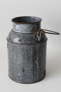 catalog photo of antique grey graniteware enamel ware, small milk pail or cream can w/ wire handle 