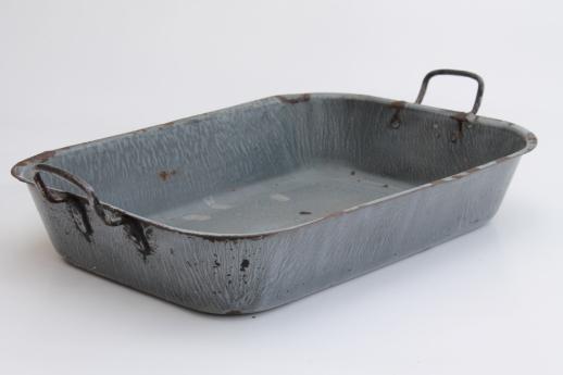 photo of antique grey graniteware roasting pan, primitive enamel ware tray w/ handles #1