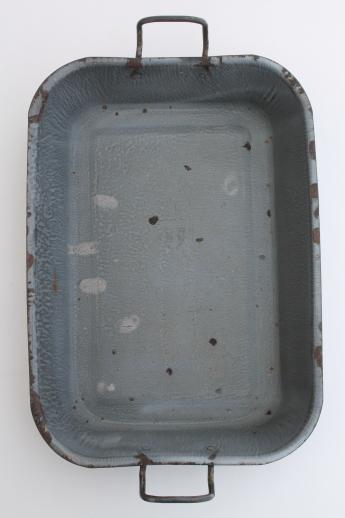 photo of antique grey graniteware roasting pan, primitive enamel ware tray w/ handles #2