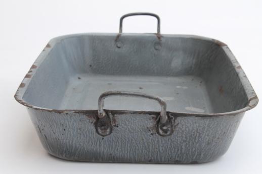 photo of antique grey graniteware roasting pan, primitive enamel ware tray w/ handles #4