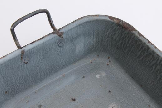 photo of antique grey graniteware roasting pan, primitive enamel ware tray w/ handles #6