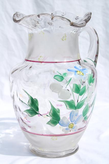 photo of antique hand blown glass lemonade pitcher w/ hand painted enamel flowers #1