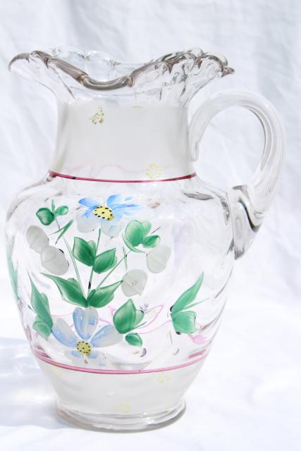 photo of antique hand blown glass lemonade pitcher w/ hand painted enamel flowers #3