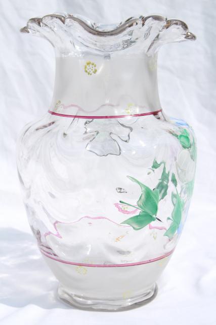 photo of antique hand blown glass lemonade pitcher w/ hand painted enamel flowers #6