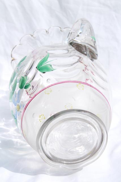 photo of antique hand blown glass lemonade pitcher w/ hand painted enamel flowers #9