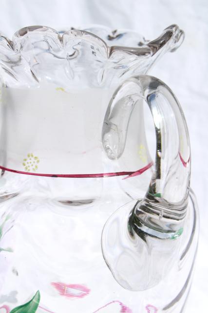 photo of antique hand blown glass lemonade pitcher w/ hand painted enamel flowers #10