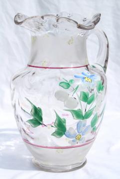 antique hand blown glass lemonade pitcher w/ hand painted enamel flowers