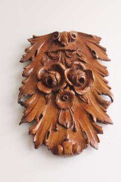 catalog photo of antique hand carved wood swag black forest molding leaves & flowers, vintage wall plaque ornament 