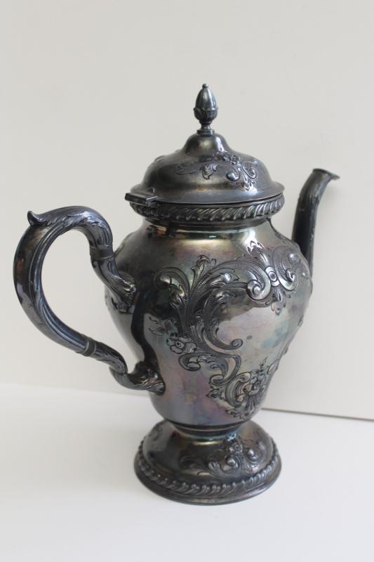 photo of antique hand chased silver coffee pot or teapot, Victorian era vintage silverplate #6