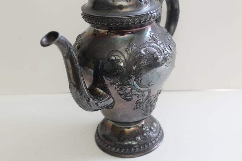 photo of antique hand chased silver coffee pot or teapot, Victorian era vintage silverplate #11