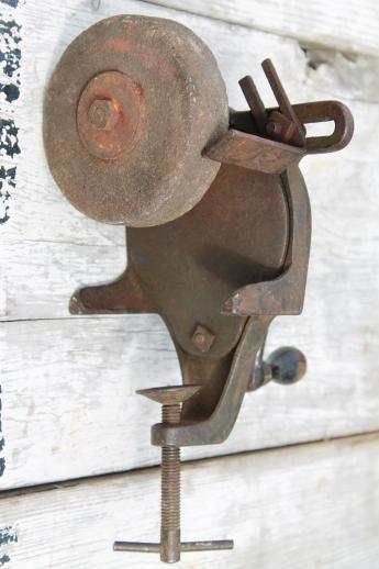 photo of antique hand crank grinding, primitive grinder, farm shop tool for sharpening knives #1