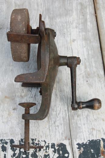 photo of antique hand crank grinding, primitive grinder, farm shop tool for sharpening knives #3