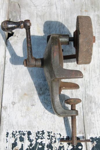 photo of antique hand crank grinding, primitive grinder, farm shop tool for sharpening knives #5