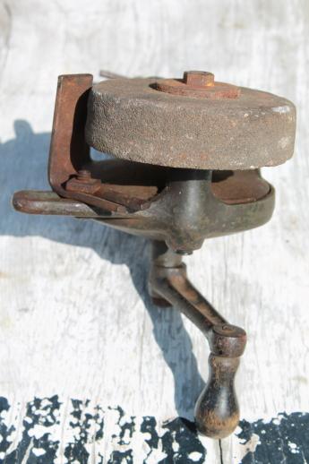 photo of antique hand crank grinding, primitive grinder, farm shop tool for sharpening knives #6