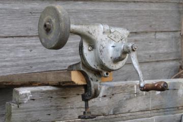 catalog photo of antique hand crank grinding wheel, Luther Best Maide No 5 grinder farm shop tool