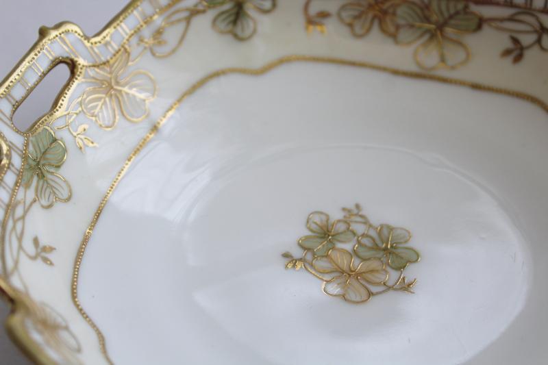 photo of antique hand painted Nippon china bowl or candy dish w/ clover leaf, gold moriage #2