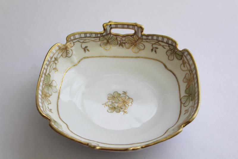 photo of antique hand painted Nippon china bowl or candy dish w/ clover leaf, gold moriage #4