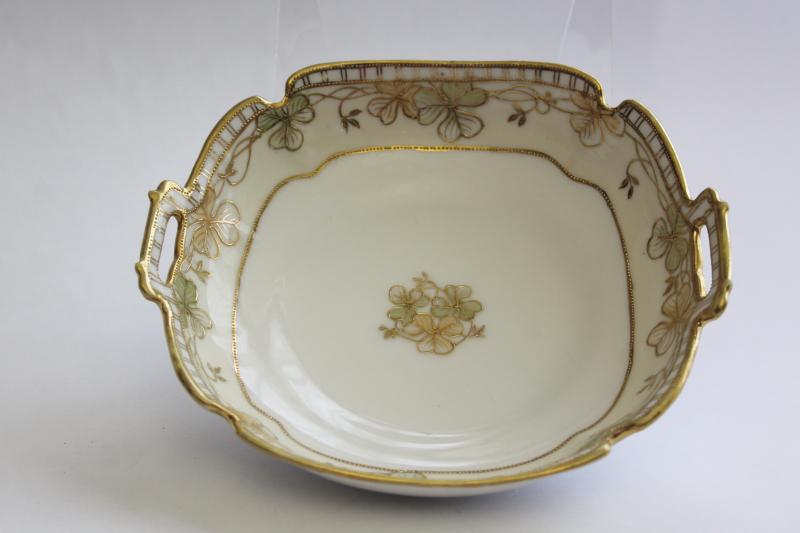 photo of antique hand painted Nippon china bowl or candy dish w/ clover leaf, gold moriage #6