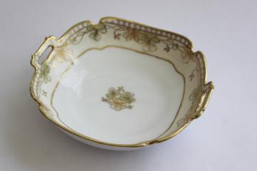 catalog photo of antique hand painted Nippon china bowl or candy dish w/ clover leaf, gold moriage