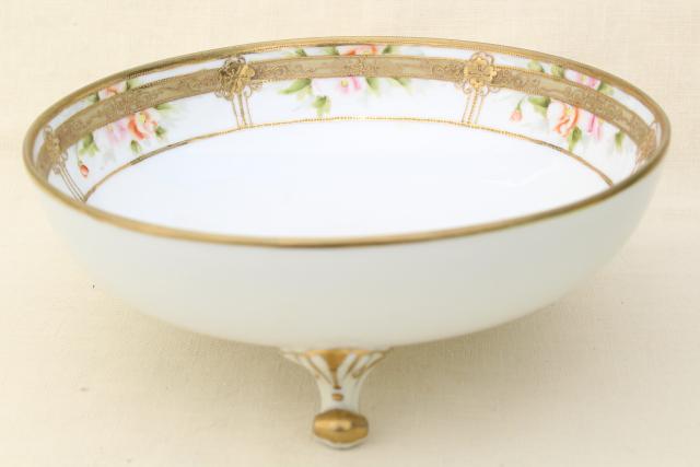 photo of antique hand painted Nippon porcelain bowl w/ encrusted gold, footed dish for fruit or flowers #2