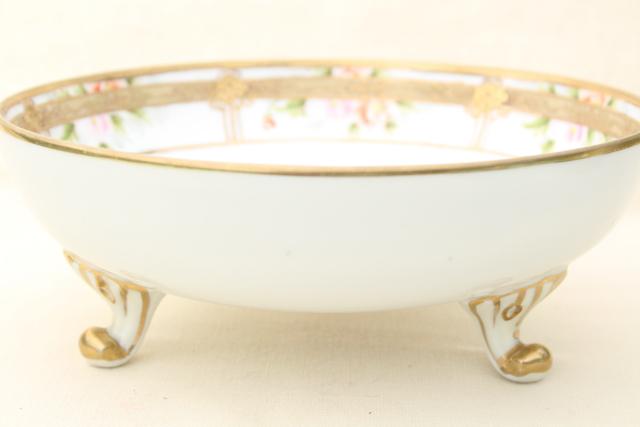 photo of antique hand painted Nippon porcelain bowl w/ encrusted gold, footed dish for fruit or flowers #4