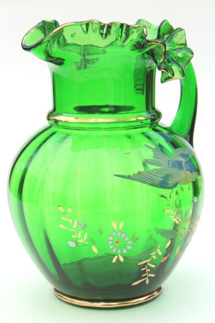 photo of antique hand painted blown glass pitcher, emerald green glass w/ flying blue bird #2