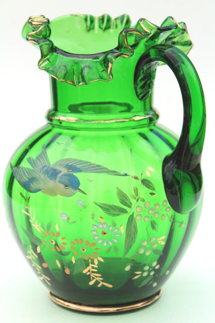 photo of antique hand painted blown glass pitcher, emerald green glass w/ flying blue bird #7