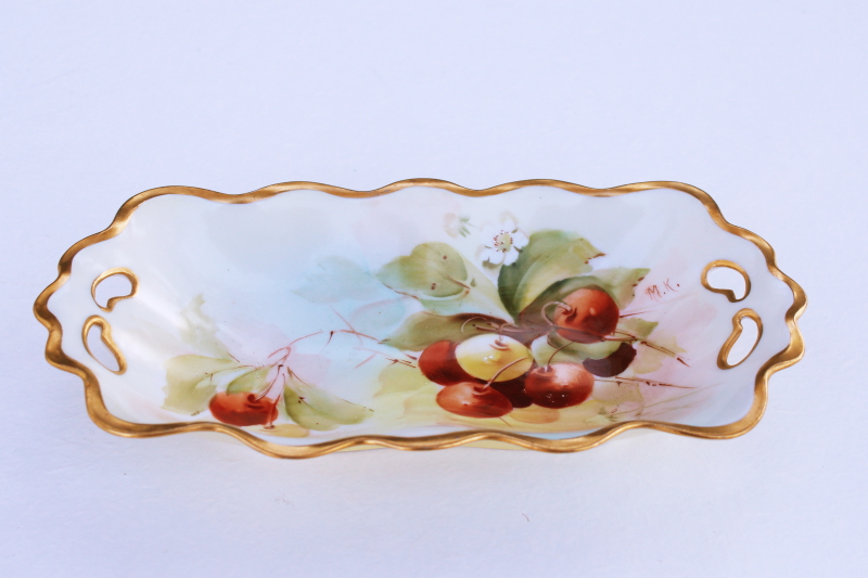 photo of antique hand painted china w/ cherries, long dish or tray turn of the century vintage #1