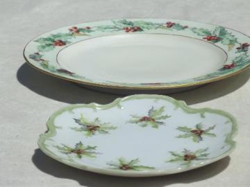 catalog photo of antique hand painted china plates w/ Christmas holly, circa 1910