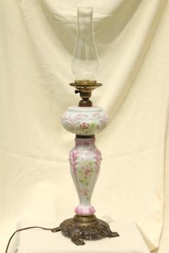 catalog photo of antique hand painted milk glass banquet lamp w/ hurricane chimney shade