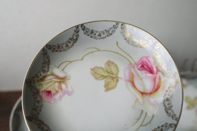 photo of antique hand painted porcelain plates w/ pink roses floral, PV Germany china 1890s vintage  #3