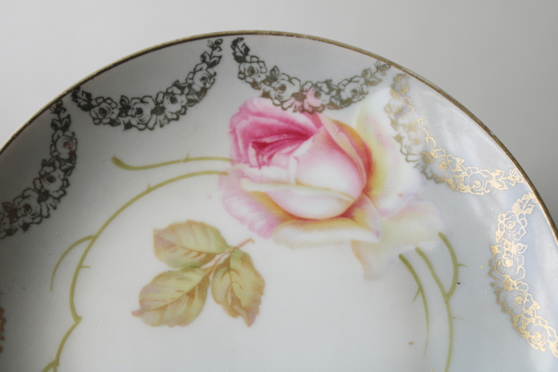 photo of antique hand painted porcelain plates w/ pink roses floral, PV Germany china 1890s vintage  #4