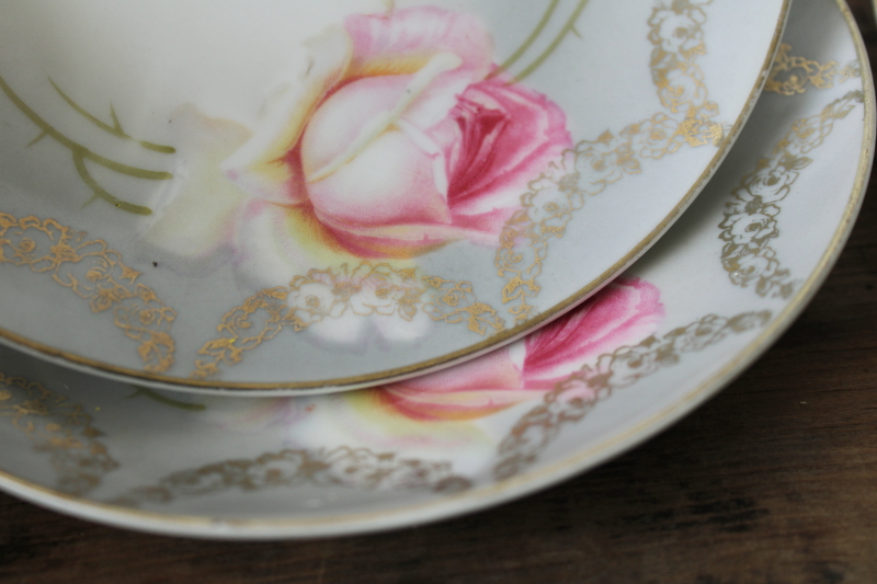 photo of antique hand painted porcelain plates w/ pink roses floral, PV Germany china 1890s vintage  #9