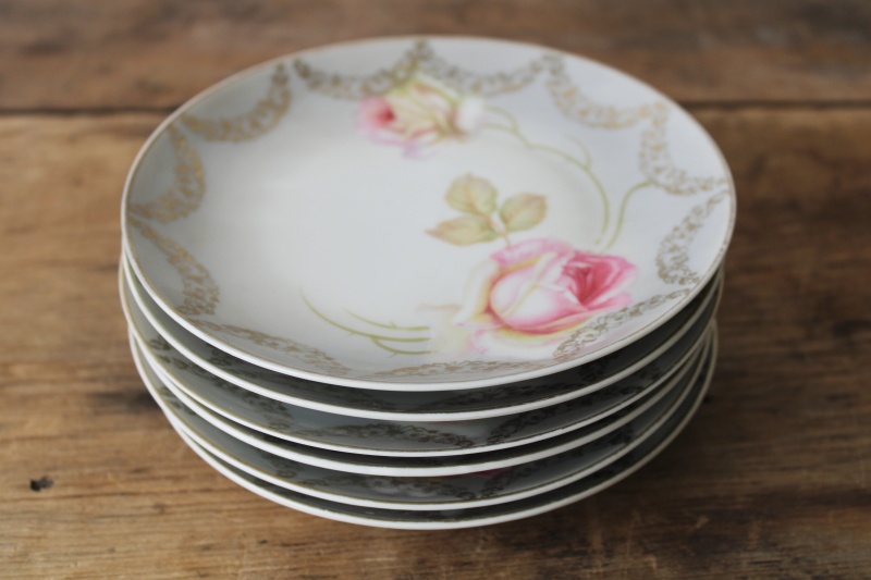 photo of antique hand painted porcelain plates w/ pink roses floral, PV Germany china 1890s vintage  #10