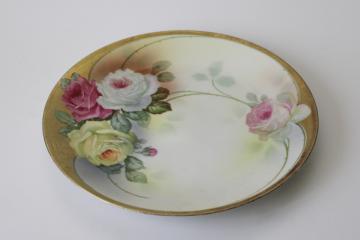 catalog photo of antique hand painted roses & gold china plate, Prussia Royal Rudolstadt early 1900s vintage