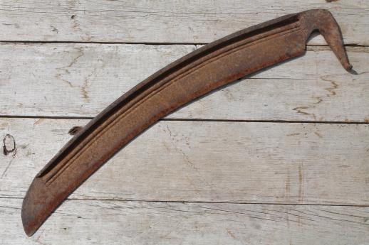 photo of antique hand scythe blade, lot of rusty iron reaper's scythe blades for harvesting or Halloween props #3