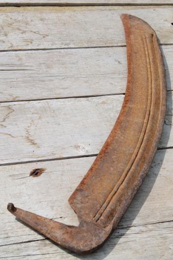photo of antique hand scythe blade, lot of rusty iron reaper's scythe blades for harvesting or Halloween props #4