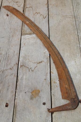 photo of antique hand scythe blade, lot of rusty iron reaper's scythe blades for harvesting or Halloween props #7