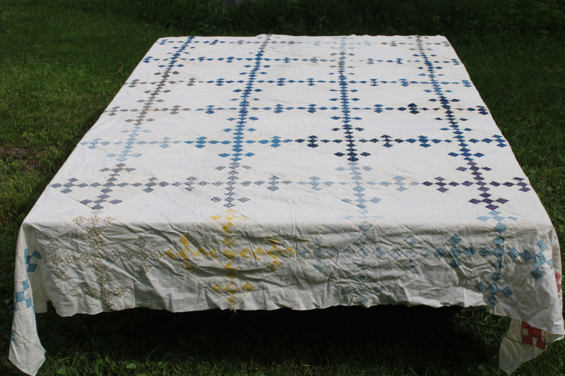photo of antique hand stitched patchwork quilt top, late 1800s early 1900s vintage cotton fabrics blues reds  #1