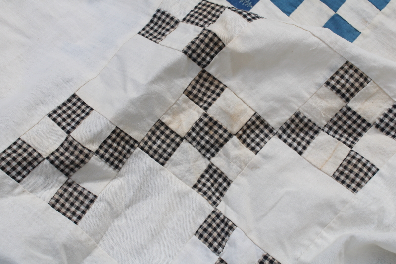 photo of antique hand stitched patchwork quilt top, late 1800s early 1900s vintage cotton fabrics blues reds  #2
