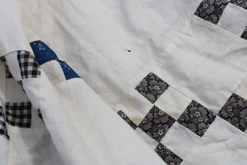 photo of antique hand stitched patchwork quilt top, late 1800s early 1900s vintage cotton fabrics blues reds  #3