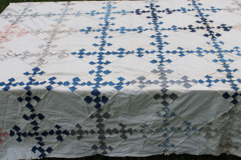 photo of antique hand stitched patchwork quilt top, late 1800s early 1900s vintage cotton fabrics blues reds  #4