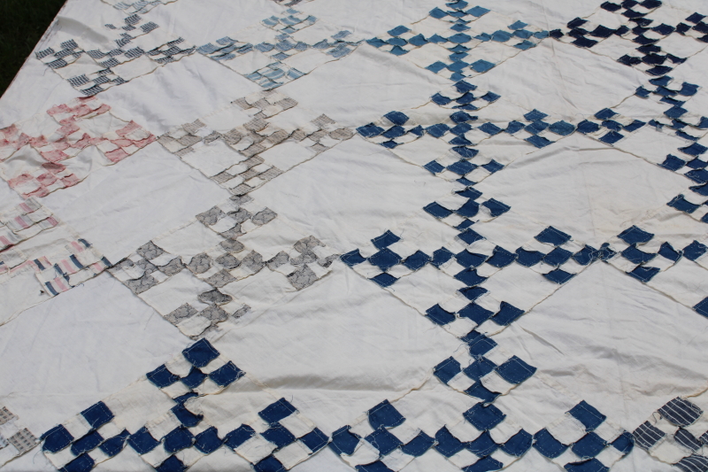 photo of antique hand stitched patchwork quilt top, late 1800s early 1900s vintage cotton fabrics blues reds  #5