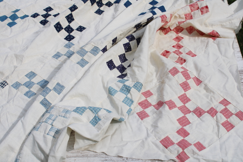 photo of antique hand stitched patchwork quilt top, late 1800s early 1900s vintage cotton fabrics blues reds  #6