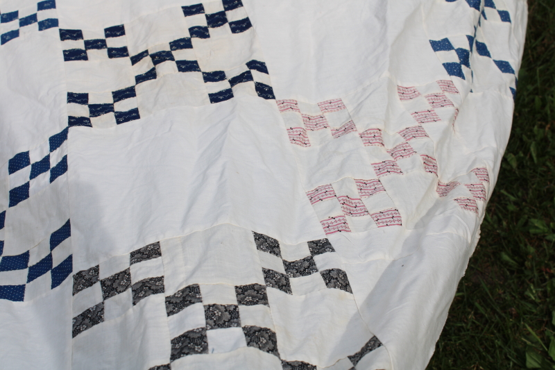 photo of antique hand stitched patchwork quilt top, late 1800s early 1900s vintage cotton fabrics blues reds  #7