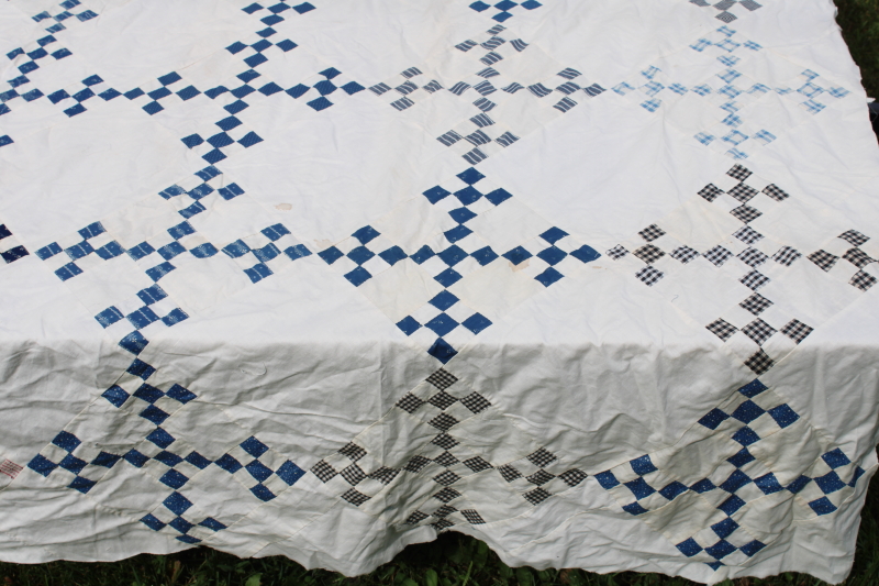 photo of antique hand stitched patchwork quilt top, late 1800s early 1900s vintage cotton fabrics blues reds  #8