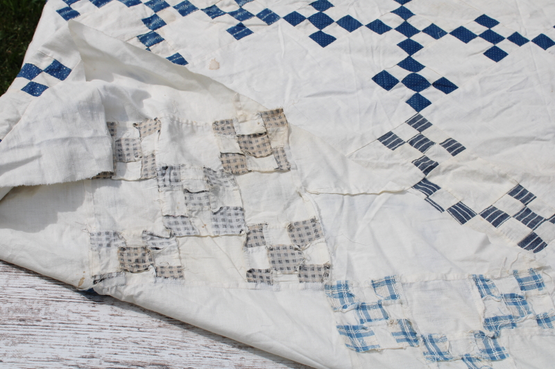 photo of antique hand stitched patchwork quilt top, late 1800s early 1900s vintage cotton fabrics blues reds  #10