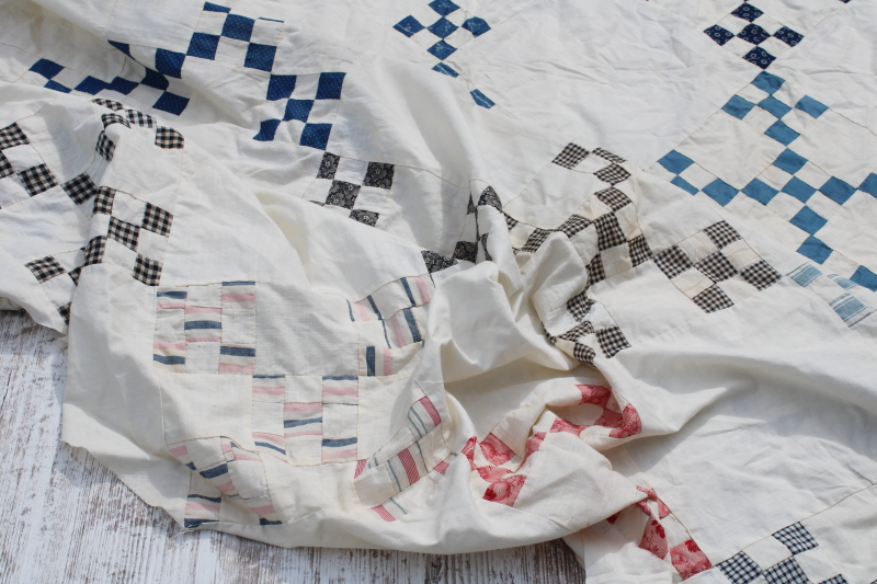 photo of antique hand stitched patchwork quilt top, late 1800s early 1900s vintage cotton fabrics blues reds  #11